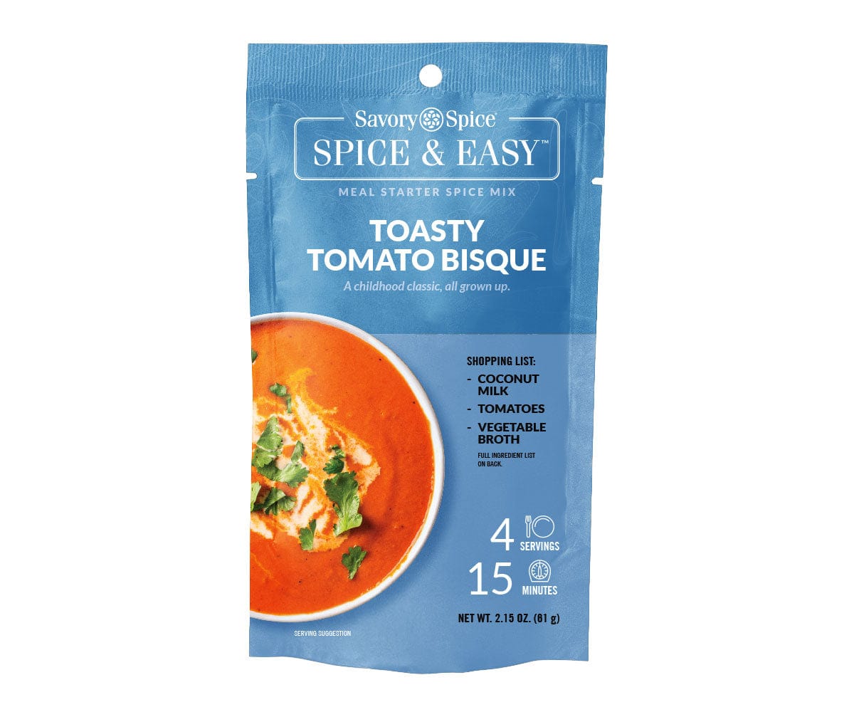 Front of Toasty Tomato Bisque Spice & Easy packet on white